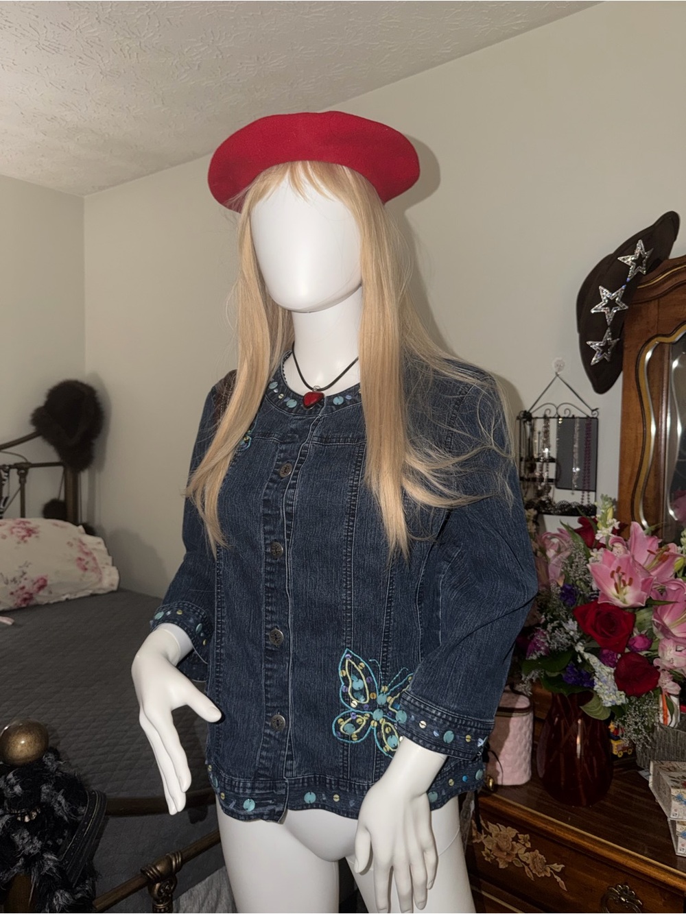Alfred Dunner Dark Blue Denim Jacket with Embroidered Butterfly